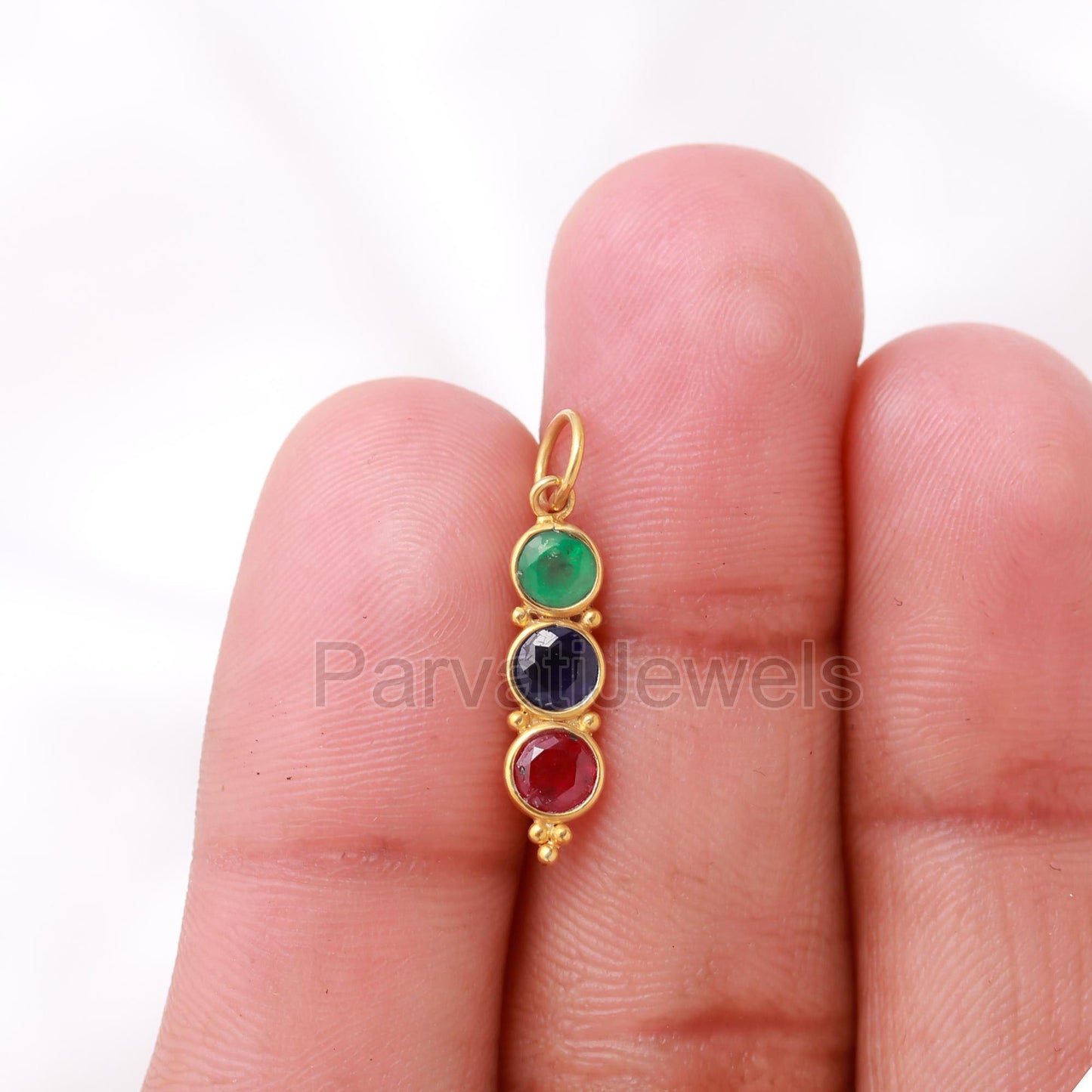 Natural Ruby Emerald Sapphire Gemstone 18K Solid Gold Charm Pendant, Minimal Handmade Gold Charm Pendant, Gift for her, Gold Charm