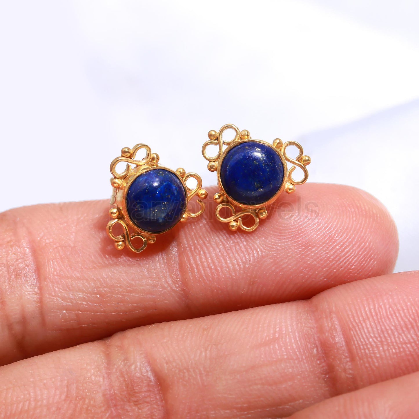 Natural Lapis Lazuli Earrings, Solid 14k Gold Stud Earrings, Gold Earring, Lapis Stud Earrings, Handmade Gold Earrings, Wedding Stud Earring