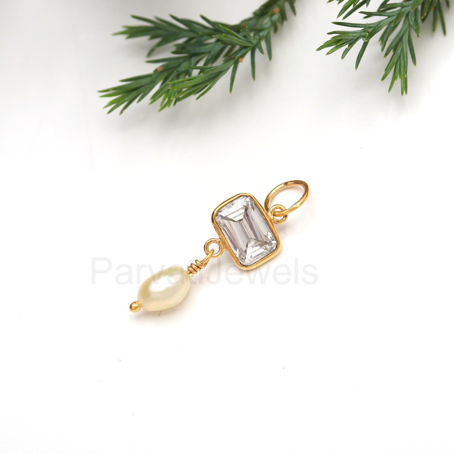 Natural Moissanite Pearl Charm, Solid 18k Gold Charm, Moissanite Charm Pendant, April Birthstone Charm, Handmade Gold Charm, Gift For Her