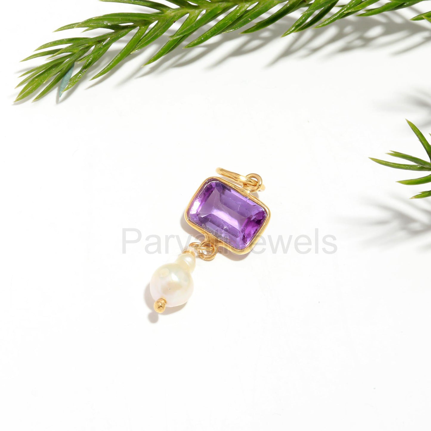 Natural Amethyst Pearl Charm, Solid 18k Gold Charm, Pearl Charm Pendant, Amethyst Birthstone Charm, Charm Necklace, Handmade Gold Charm,