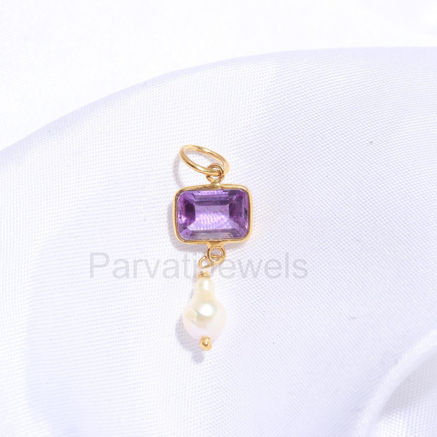 Natural Amethyst Pearl Charm, Solid 18k Gold Charm, Pearl Charm Pendant, Amethyst Birthstone Charm, Charm Necklace, Handmade Gold Charm,
