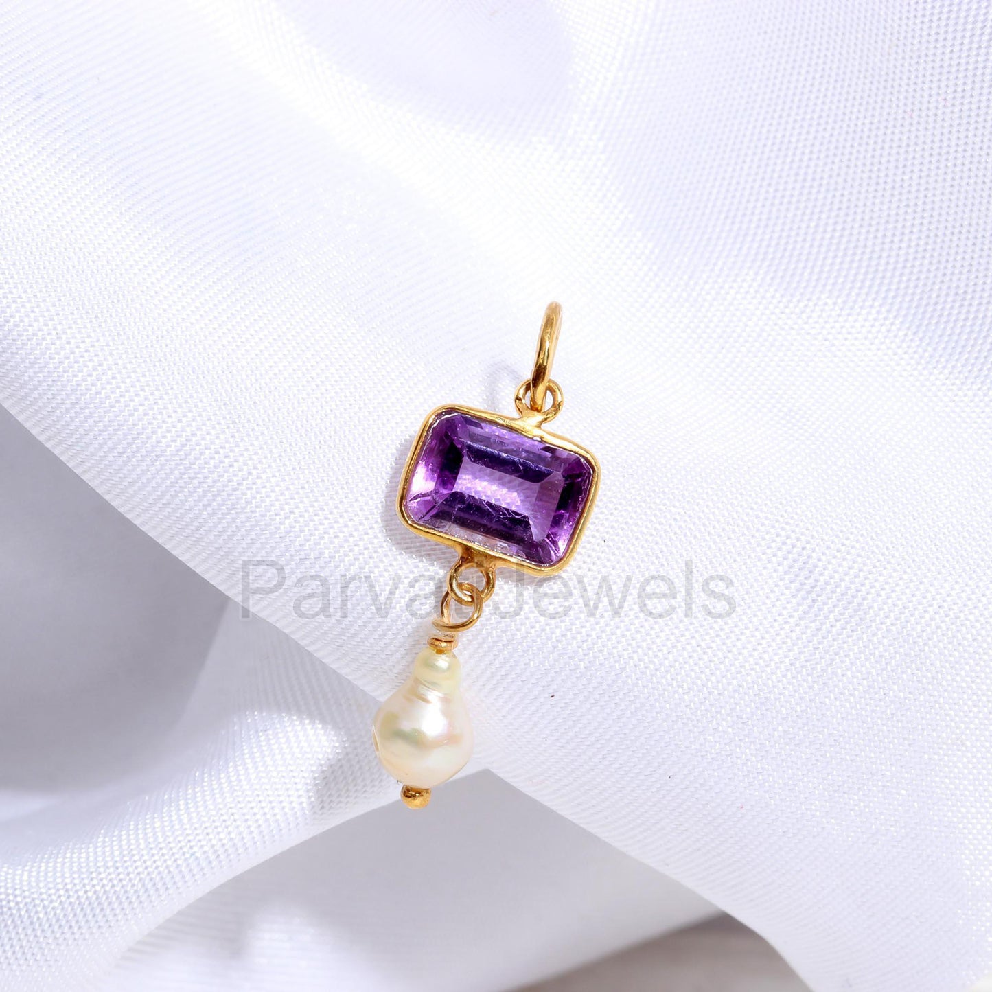 Natural Amethyst Pearl Charm, Solid 18k Gold Charm, Pearl Charm Pendant, Amethyst Birthstone Charm, Charm Necklace, Handmade Gold Charm,