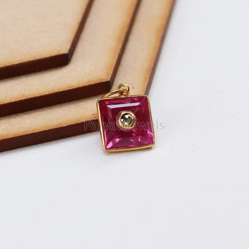 Lab-Created Ruby & Diamond Charm 18k Solid Gold Charm, Lab-Created Ruby Charm, Gold Charm, Ruby with Natural Diamond charm, SOLID 18K