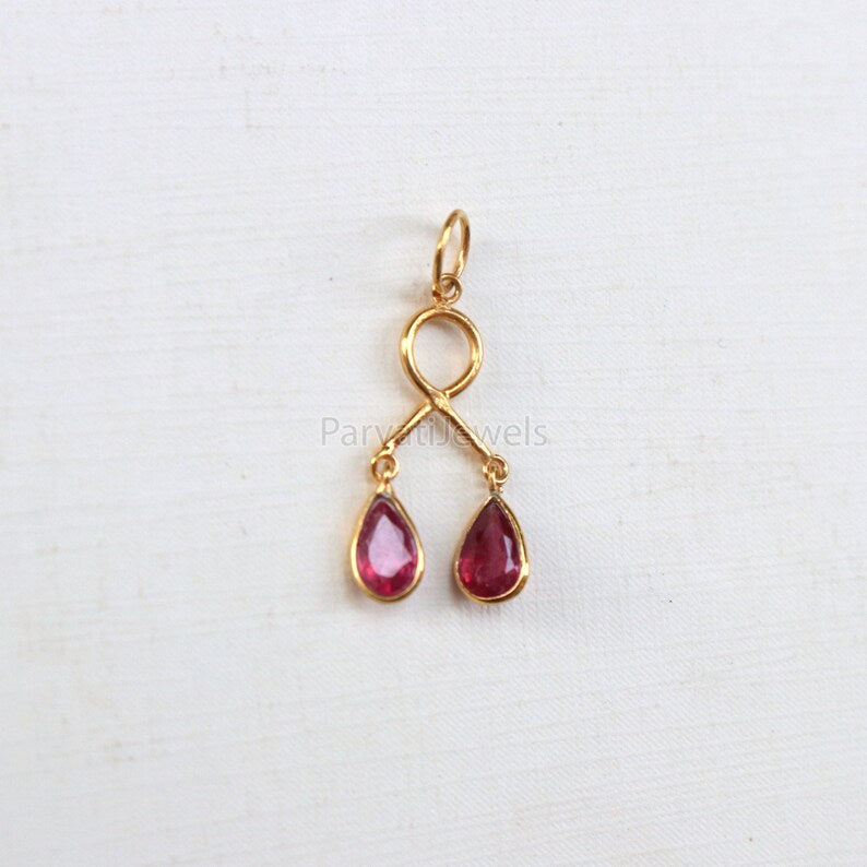 2 Stone Hanging Ruby Charm, 18k Solid Gold Charm, Natural Ruby Pendant, Charm Necklace, Natural Ruby Gold Charm, July Birthstone, SOLID18K