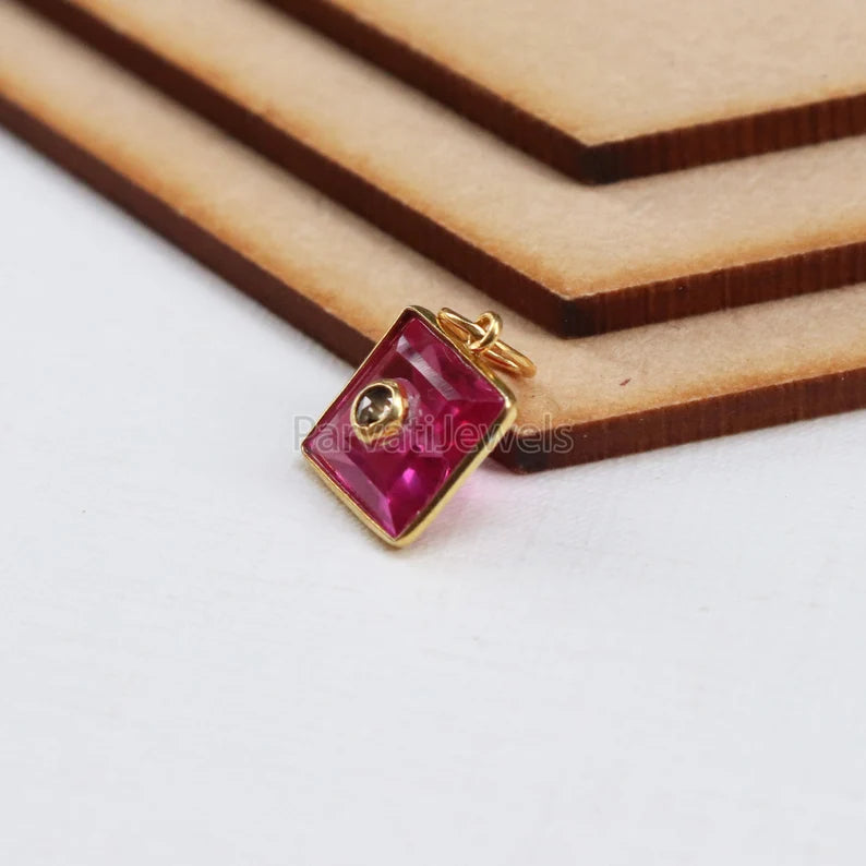 Lab-Created Ruby & Diamond Charm 18k Solid Gold Charm, Lab-Created Ruby Charm, Gold Charm, Ruby with Natural Diamond charm, SOLID 18K