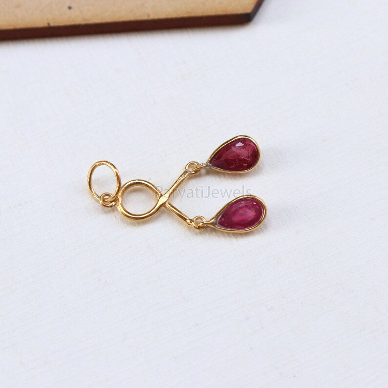 2 Stone Hanging Ruby Charm, 18k Solid Gold Charm, Natural Ruby Pendant, Charm Necklace, Natural Ruby Gold Charm, July Birthstone, SOLID18K