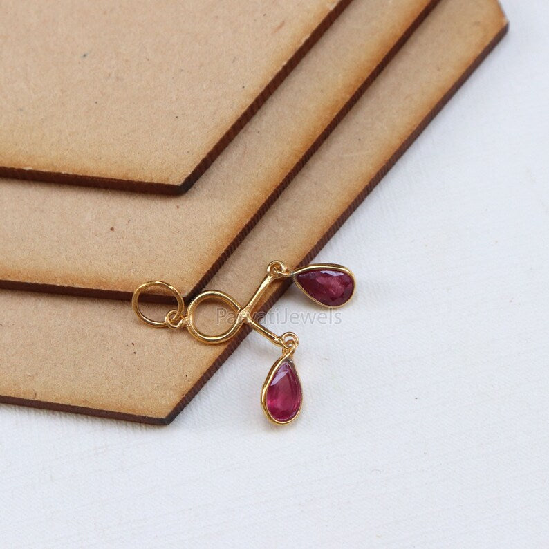 2 Stone Hanging Ruby Charm, 18k Solid Gold Charm, Natural Ruby Pendant, Charm Necklace, Natural Ruby Gold Charm, July Birthstone, SOLID18K
