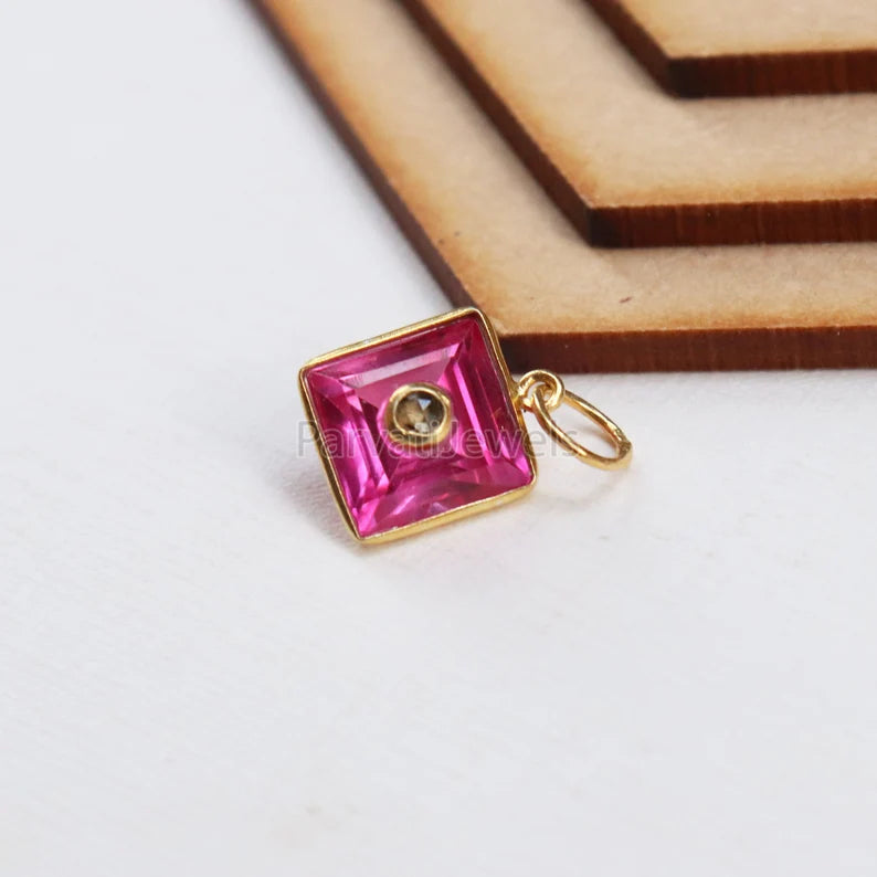 Lab-Created Ruby & Diamond Charm 18k Solid Gold Charm, Lab-Created Ruby Charm, Gold Charm, Ruby with Natural Diamond charm, SOLID 18K