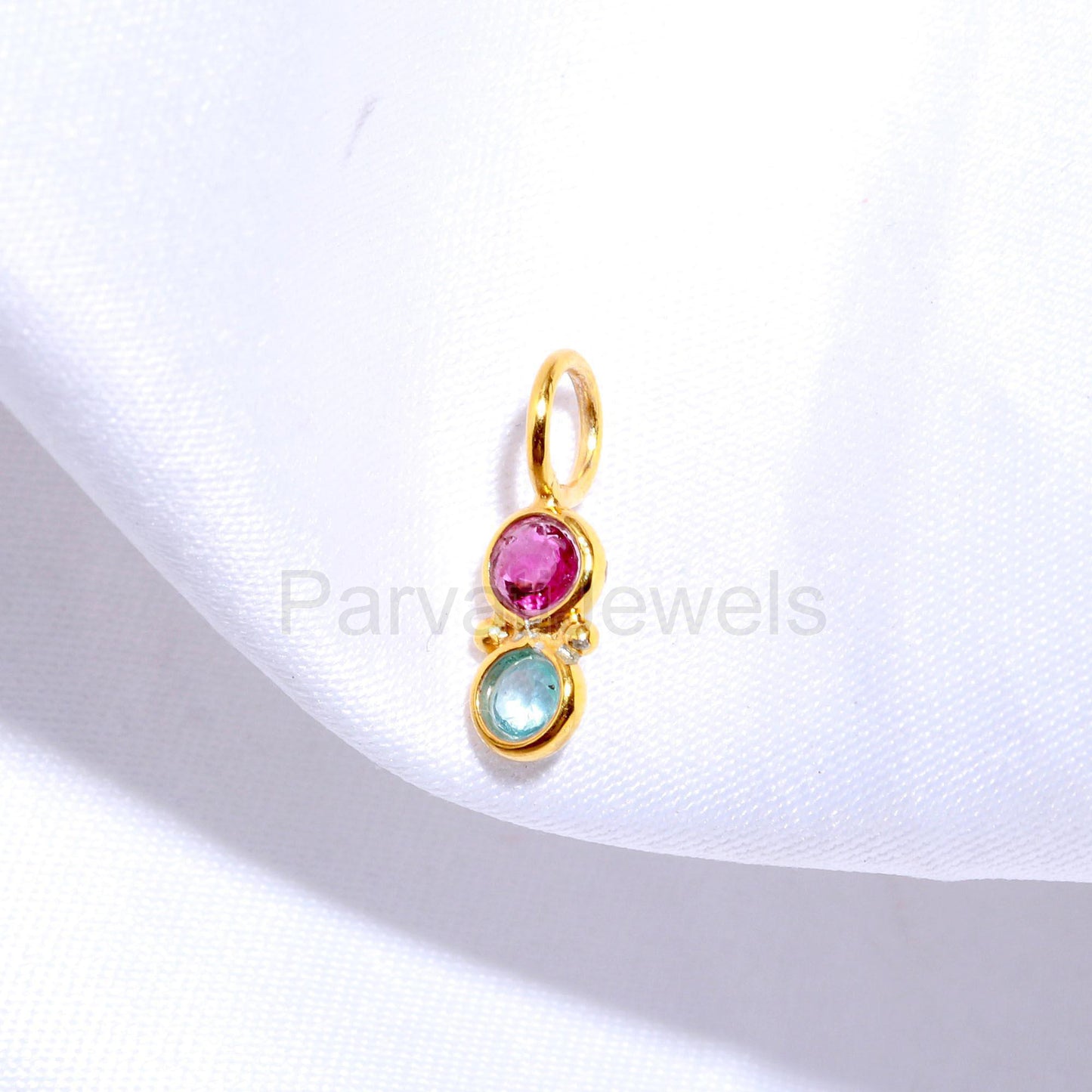 Natural Pink Tourmaline With Topaz Charm, 18k Solid Gold Charm, Tourmaline Gold Pendant, Gold Charm, Topaz Pendant, Handmade Gold Charm,