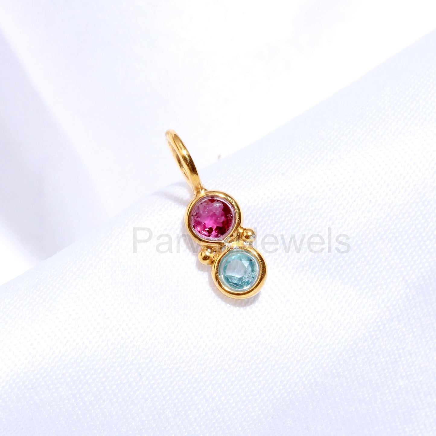 Natural Pink Tourmaline With Topaz Charm, 18k Solid Gold Charm, Tourmaline Gold Pendant, Gold Charm, Topaz Pendant, Handmade Gold Charm,