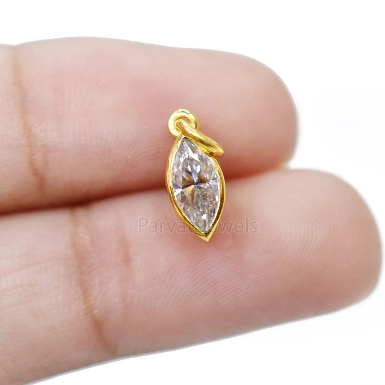 Natural Moissanite Solid 14K & 18K Gold, Marquise Charm Pendant, Marquise Moissanite Gold Charm, Solid Gold Charm, April Birthstone Charm