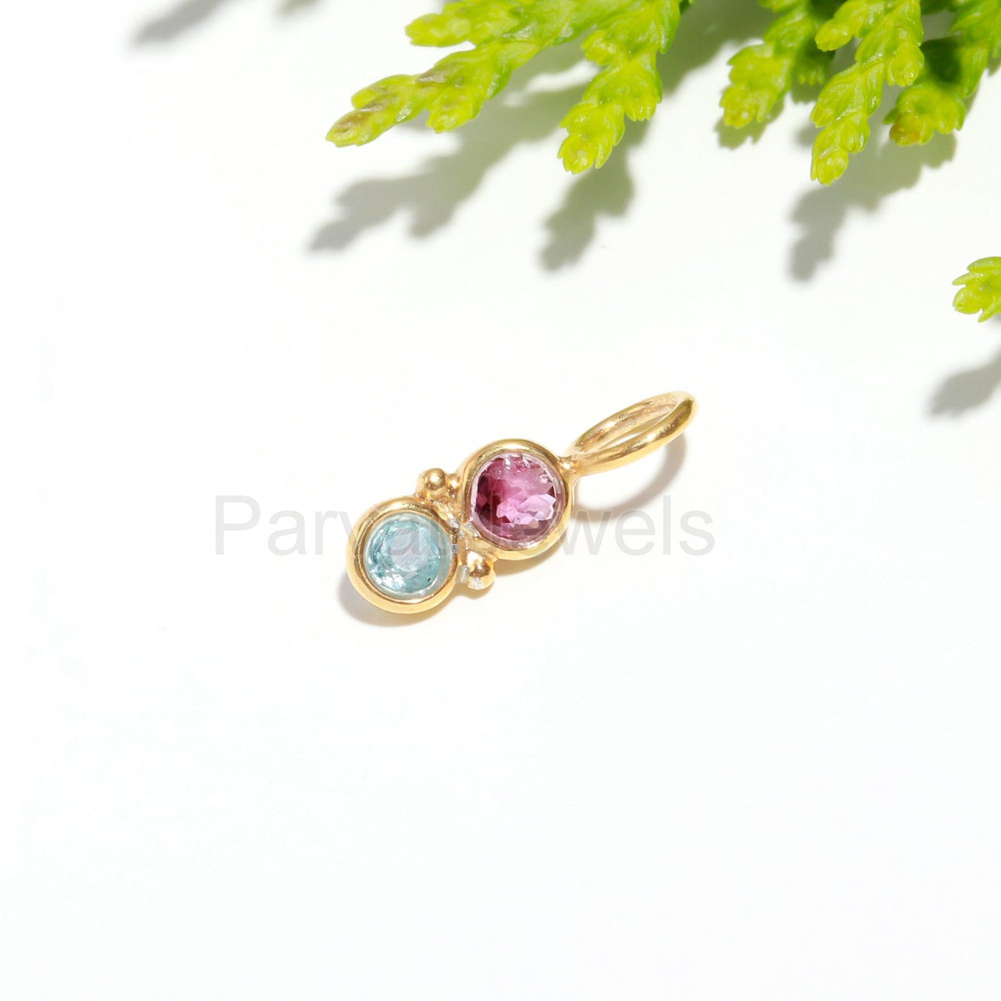 Natural Pink Tourmaline With Topaz Charm, 18k Solid Gold Charm, Tourmaline Gold Pendant, Gold Charm, Topaz Pendant, Handmade Gold Charm,