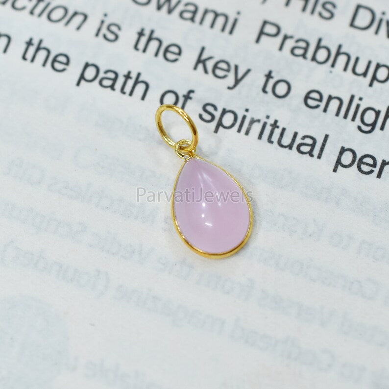 Natural Pink Chalcedony Solid Gold 18K Charm, 18k Solid Gold Charm, Tear Drop Shape Chalcedony Gold Charm Pendant, Handmade Charm For Gifting