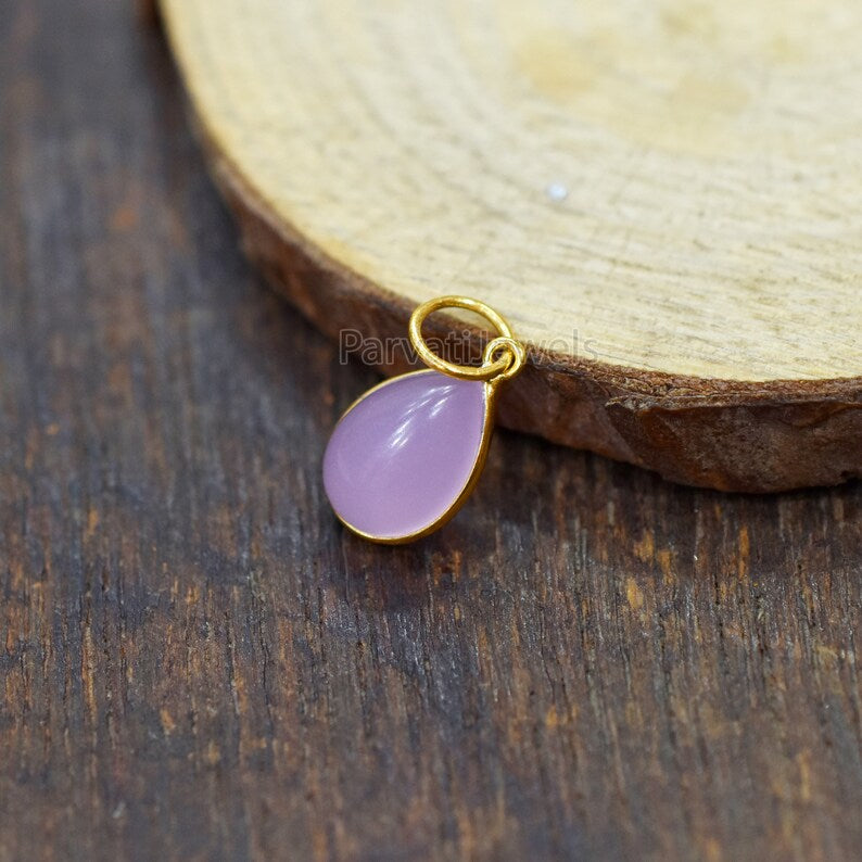 Natural Pink Chalcedony Solid Gold 18K Charm, 18k Solid Gold Charm, Tear Drop Shape Chalcedony Gold Charm Pendant, Handmade Charm For Gifting