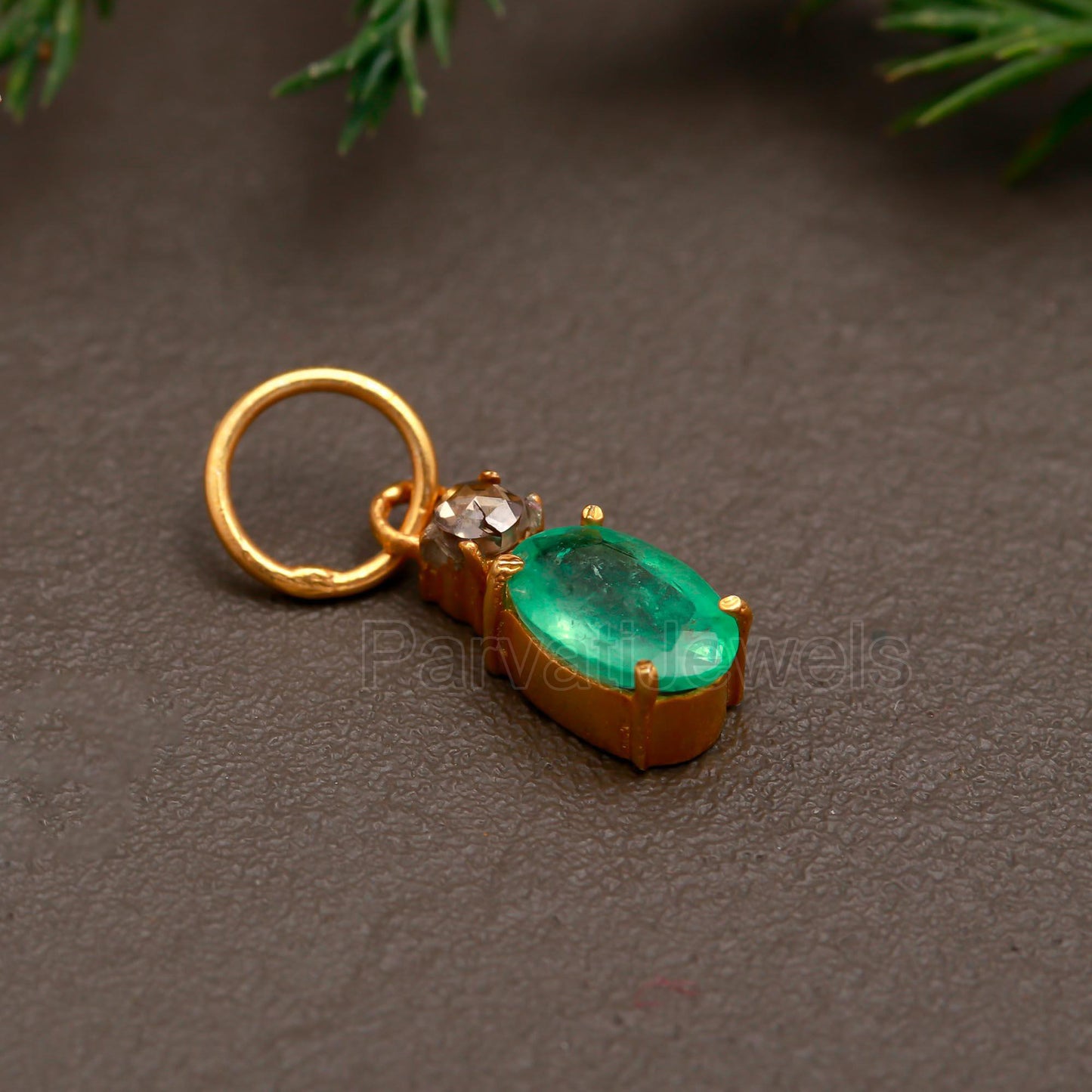 Natural Emerald Rose Cut Diamond Charm, Solid 18k Gold Charm, Zambian Emerald Charm, Charm Pendant, Rose Cut Diamond Charm, Handmade Charm