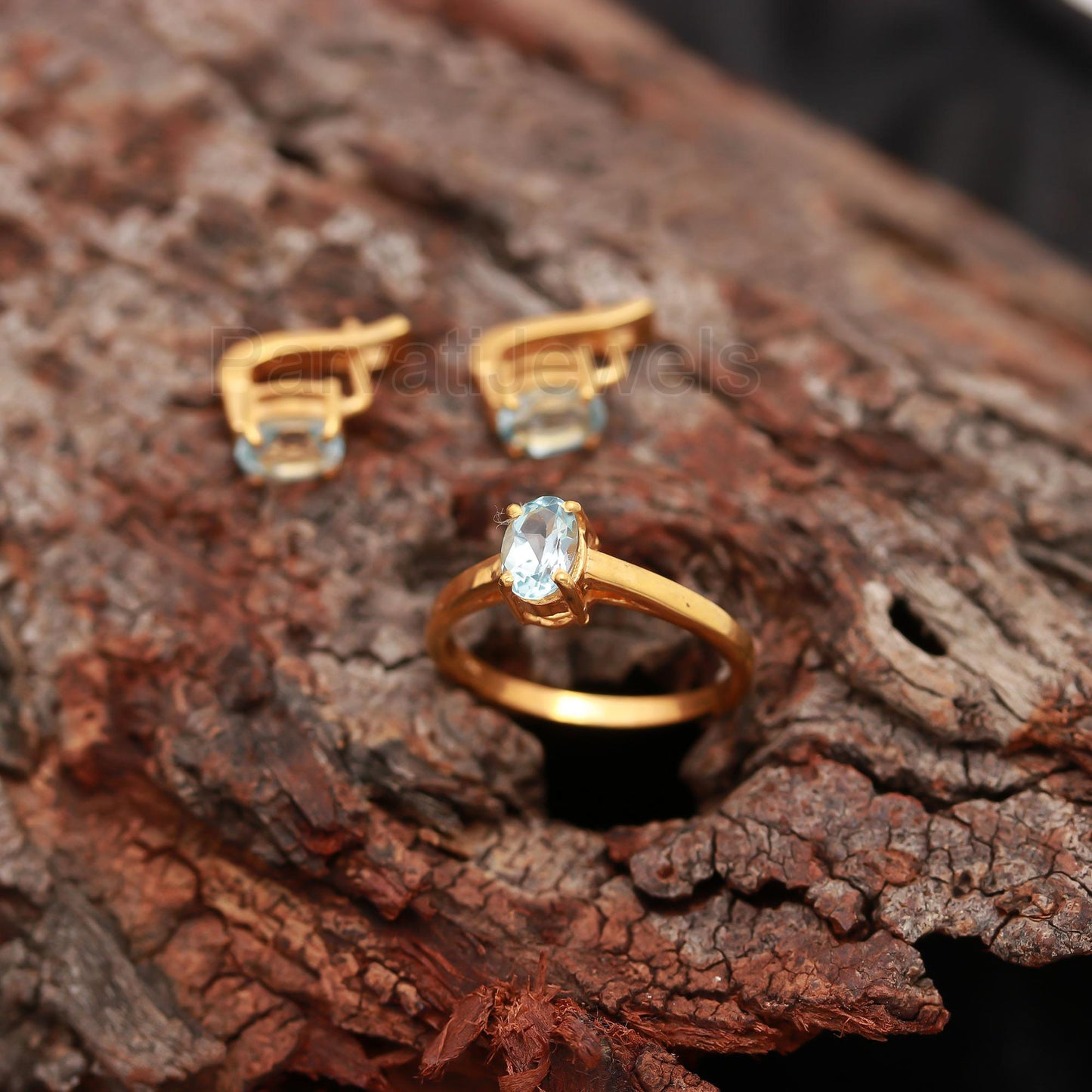Natural Blue Topaz Silver 14k Gold Vermeil Ring and Earrings, Russian Lock Set Handmade Jewelry, Engagement Ring, Gift for her