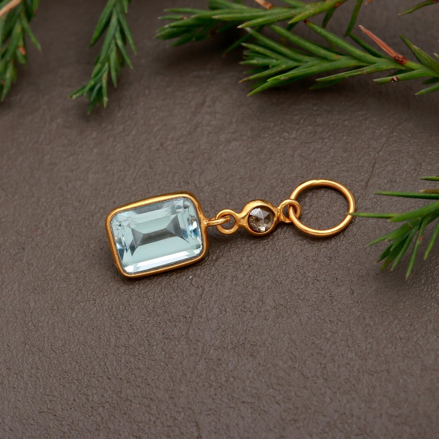 Natural Blue Topaz Rose Cut Diamond Charm, Solid 18k Gold Charm, Blue Topaz Charm, Gold Charm, Rose Cut Diamond Charm, Birthday Gift Charm