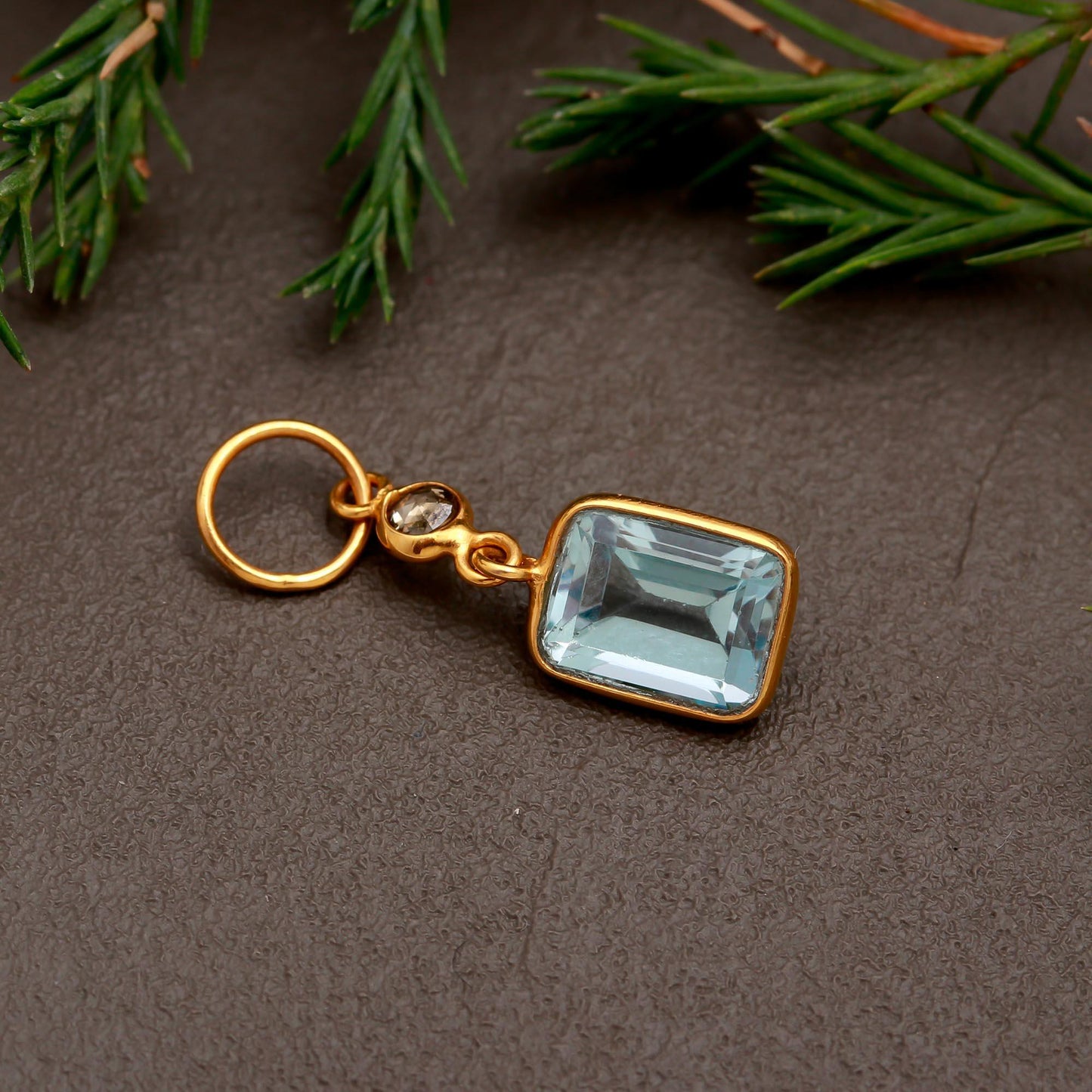 Natural Blue Topaz Rose Cut Diamond Charm, Solid 18k Gold Charm, Blue Topaz Charm, Gold Charm, Rose Cut Diamond Charm, Birthday Gift Charm