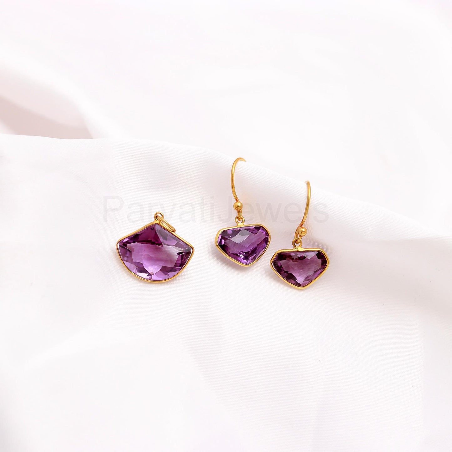 Natural Amethyst Earring Pendant Set, Amethyst Dangle Earring, Solid 18K Gold Earring, Handmade Gold Earring, Gift for Her, Amethyst Charm