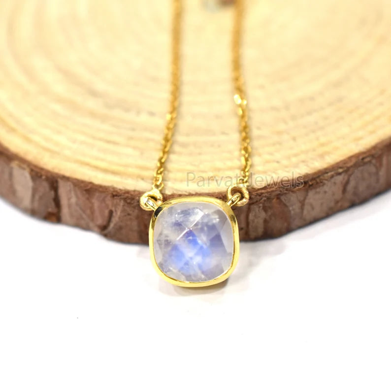 18" Inch Rainbow Moonstone With 18k Solid Gold Pendant Necklace, Natural Moonstone Gold Necklace, Gold Charm Necklace, Moonstone Gold Necklace, Handmade Gold Charm