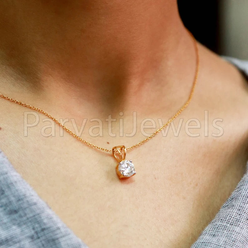 SOLITAIRE Moissanite Pendant Necklace, 18k Solid Gold Pendant,1CT Round Brilliant Cut Moaissanite Pendant/ Without Chain, Gift For Her, 6.5mm Moissanite Charm