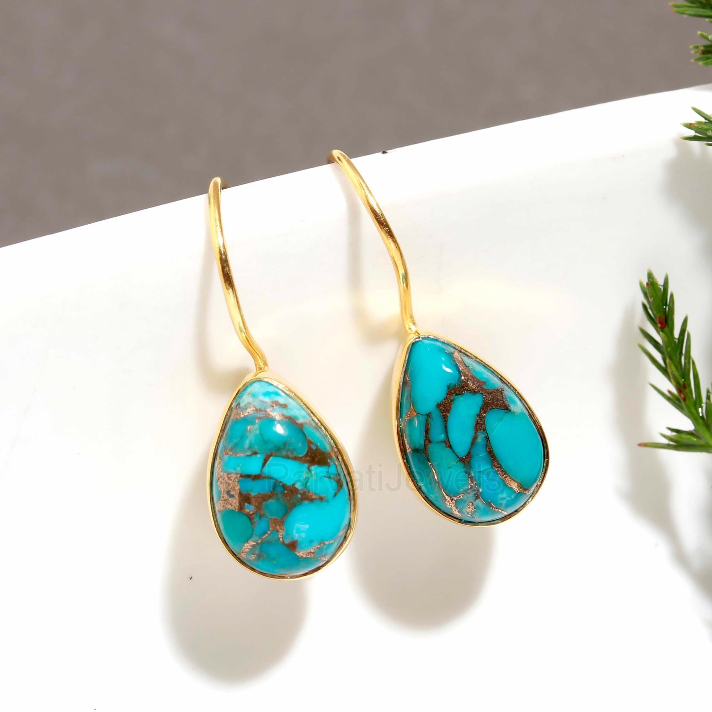 Natural Sky Copper Turquoise Gemstone Solid 14k Gold Earrings, Sky Copper Turquoise Gold Earrings, Dangle Drop Earrings, Handmade Earrings
