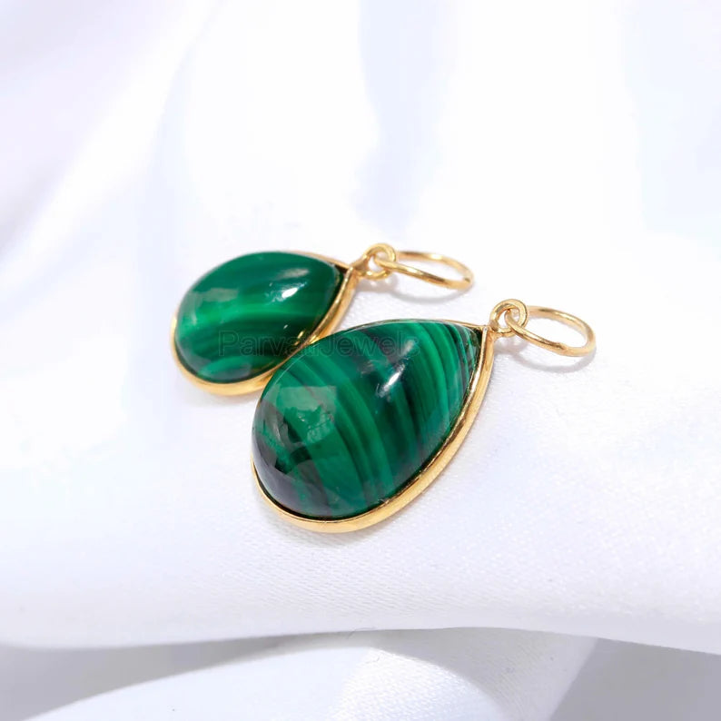 Natural Green Malachite Charm, 18k Solid Gold Charm, Malachite Charm, Gold Charm Pendant, Handmade Charm, 6x9 & 10x14 Pear Charm Pendant