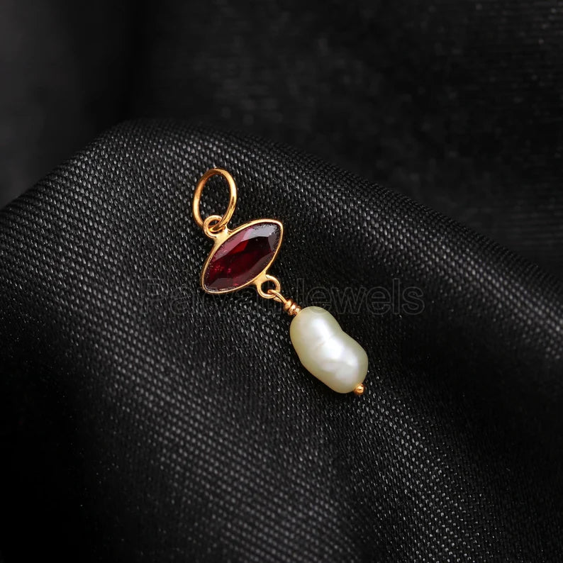 Natural Garnet Pearl Charm, Solid 18k Gold Charm, Pearl Charm Pendant, Garnet Birthstone Charm Necklace, Handmade Gold Charm, Gift For Her