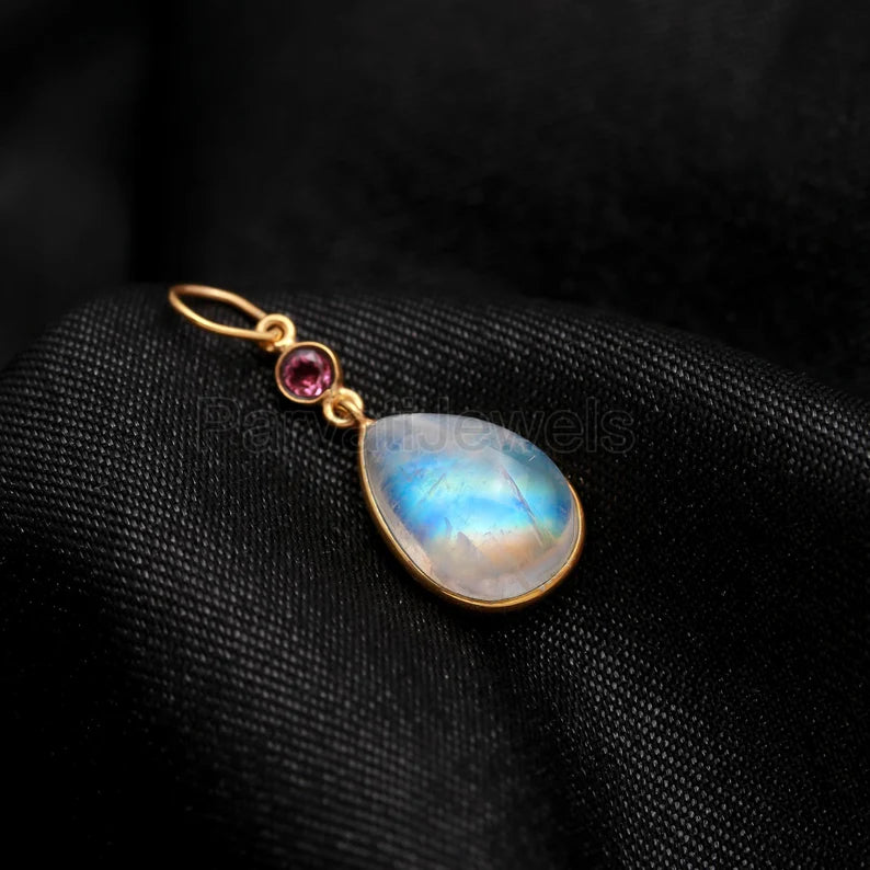 Natural Rainbow Moonstone With Tourmaline Charm, 18k Solid Gold Charm, Moonstone Charm, Gold Charm, Charm Pendant, Handmade Charm Necklace
