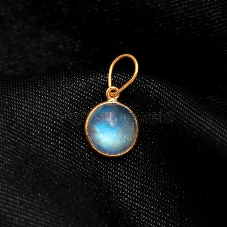 Natural Blue Fire Moonstone Charm, 18K Solid Gold Charm, Handmade Gold Charm, Gold Charm Necklace, June Birthstone Charm, Gold Charm Pendant