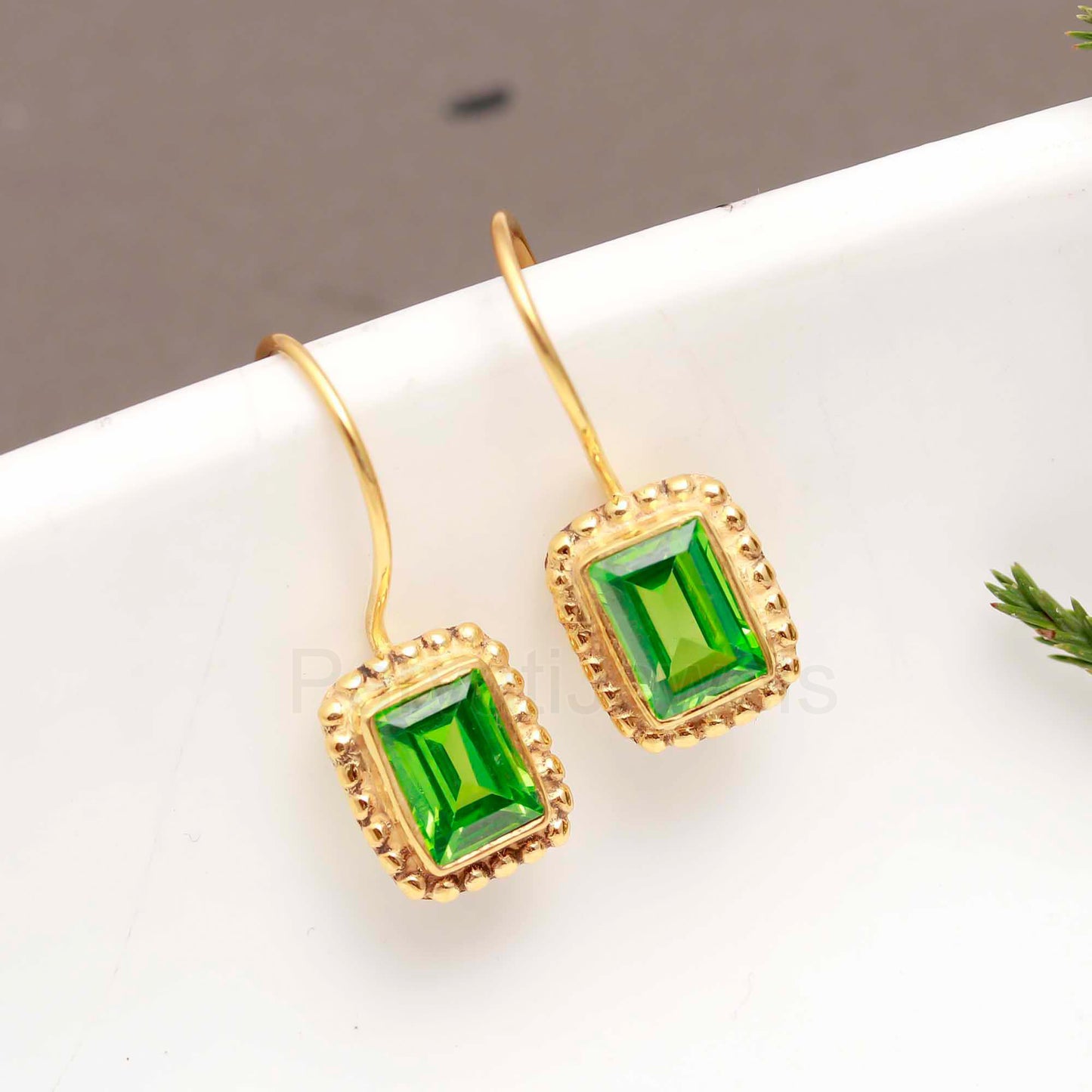 AA Green Peridot Cut Gemstone Solid 14k Gold Earrings, Peridot Gold Earrings, Gold Dangle Earrings, Handmade Earrings, Partywear Earrings