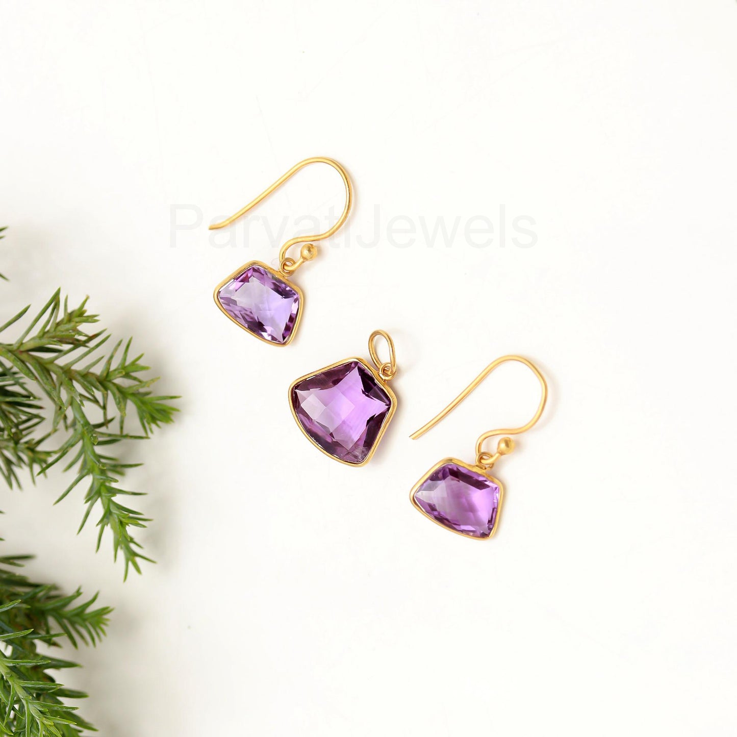 Natural Amethyst Earring Pendant Set, Amethyst Dangle Earring, Solid 18K Gold Earring, Handmade Gold Earring, Gift for Her, Amethyst Charm