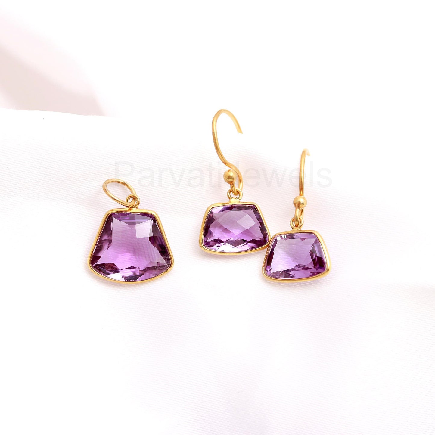 Natural Amethyst Earring Pendant Set, Amethyst Dangle Earring, Solid 18K Gold Earring, Handmade Gold Earring, Gift for Her, Amethyst Charm