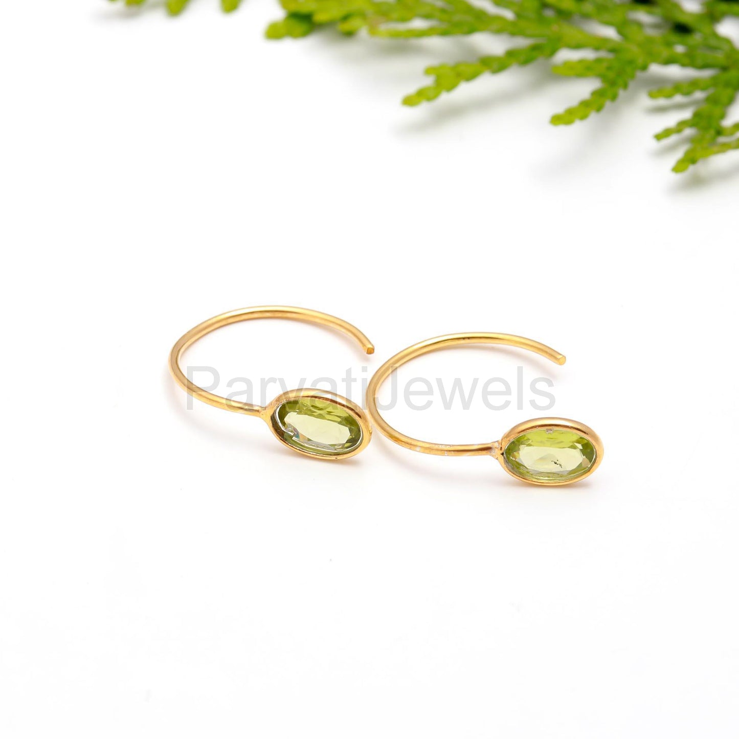 Natural Peridot Hoop Earring, Solid 18k Gold Earrings, Green Peridot Earring, August Birthstone Hoop Earring, Partywear Gold Hoop Earring,