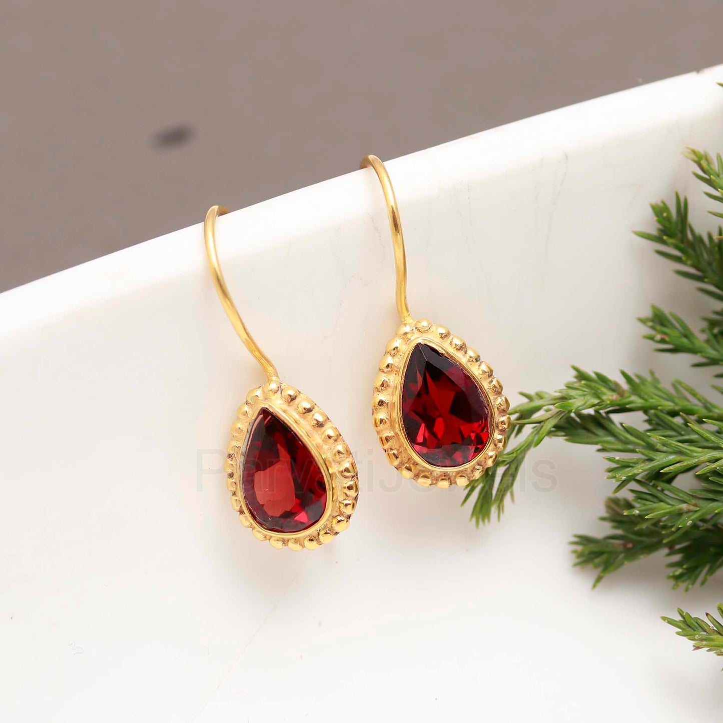 Natural Garnet Gemstone Solid 14k Gold Earrings, Garnet Dangle Drop Earrings, Gold Earrings, Natural Garnet Cut Earrings, Handmade Earrings