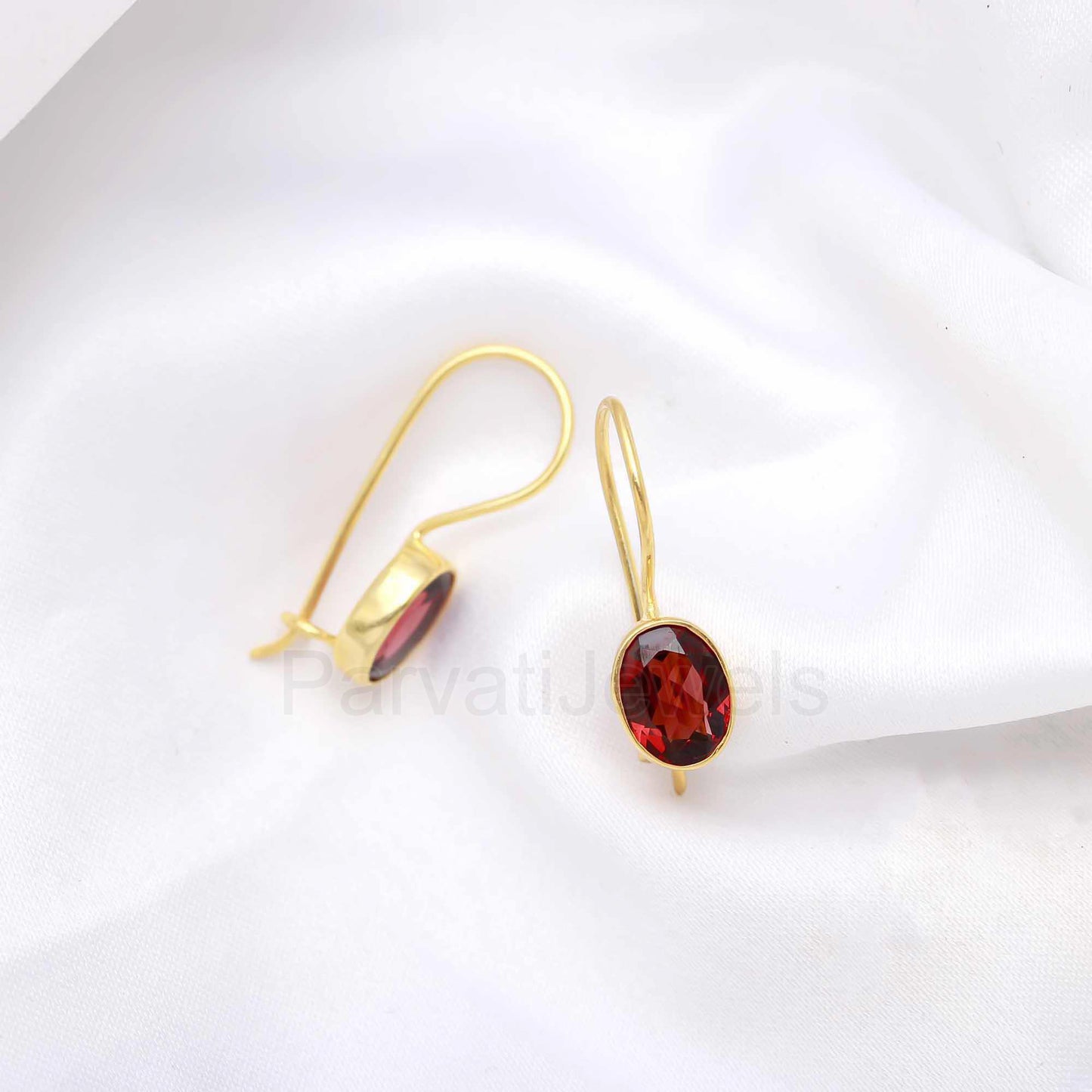 Natural Red Garnet Gemstone Solid 14k Gold Earrings, Gold Earrings, Garnet Dangle Earrings, Natural Garnet Oval Earrings, Handmade Earrings