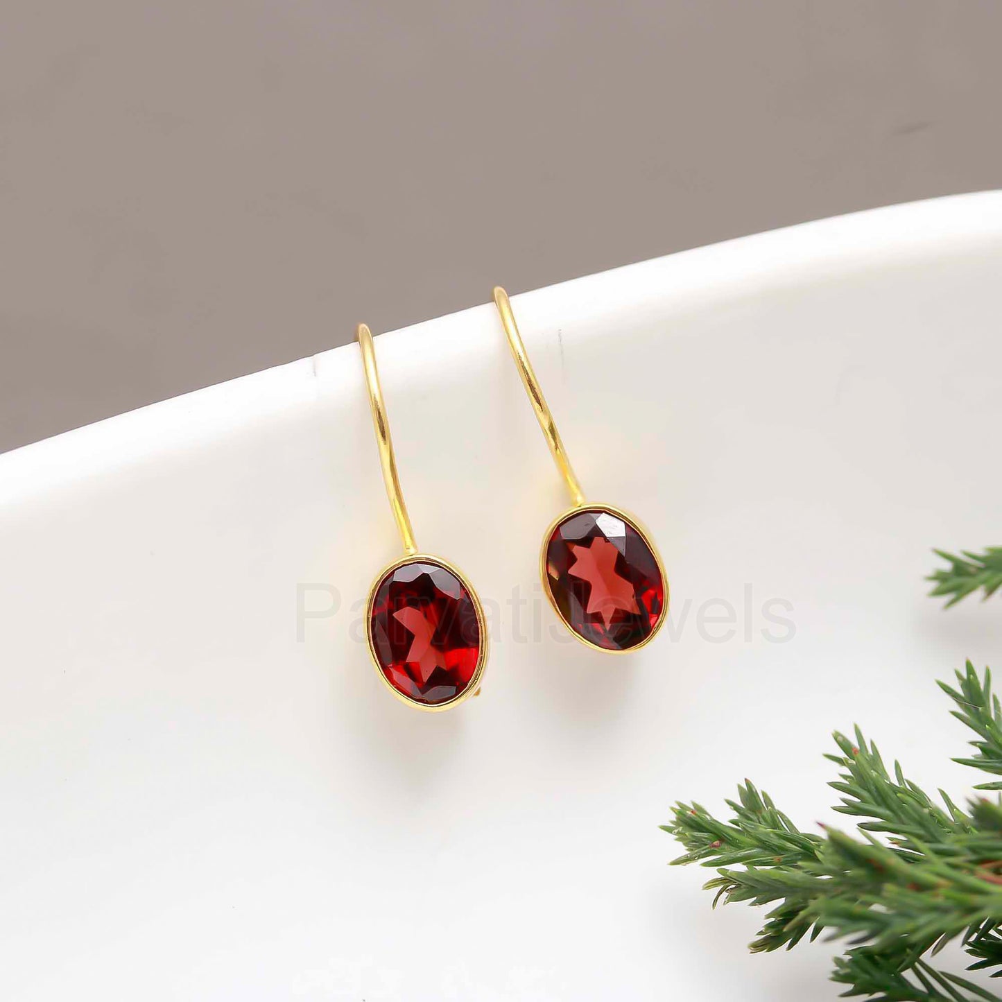 Natural Red Garnet Gemstone Solid 14k Gold Earrings, Gold Earrings, Garnet Dangle Earrings, Natural Garnet Oval Earrings, Handmade Earrings