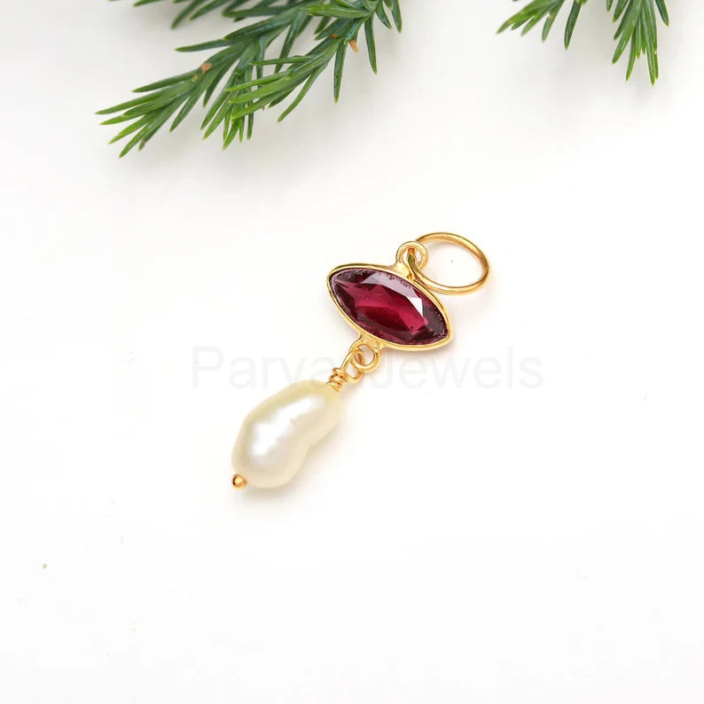 Natural Garnet Pearl Charm, Solid 18k Gold Charm, Pearl Charm Pendant, Garnet Birthstone Charm Necklace, Handmade Gold Charm, Gift For Her
