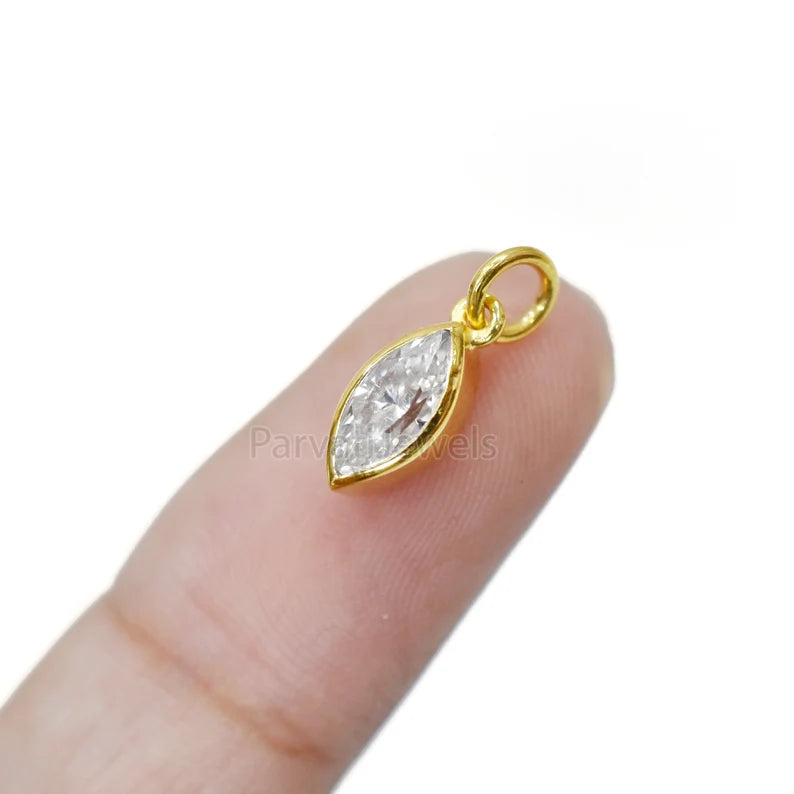 Natural Moissanite Solid 14K & 18K Gold, Marquise Charm Pendant, Marquise Moissanite Gold Charm, Solid Gold Charm, April Birthstone Charm