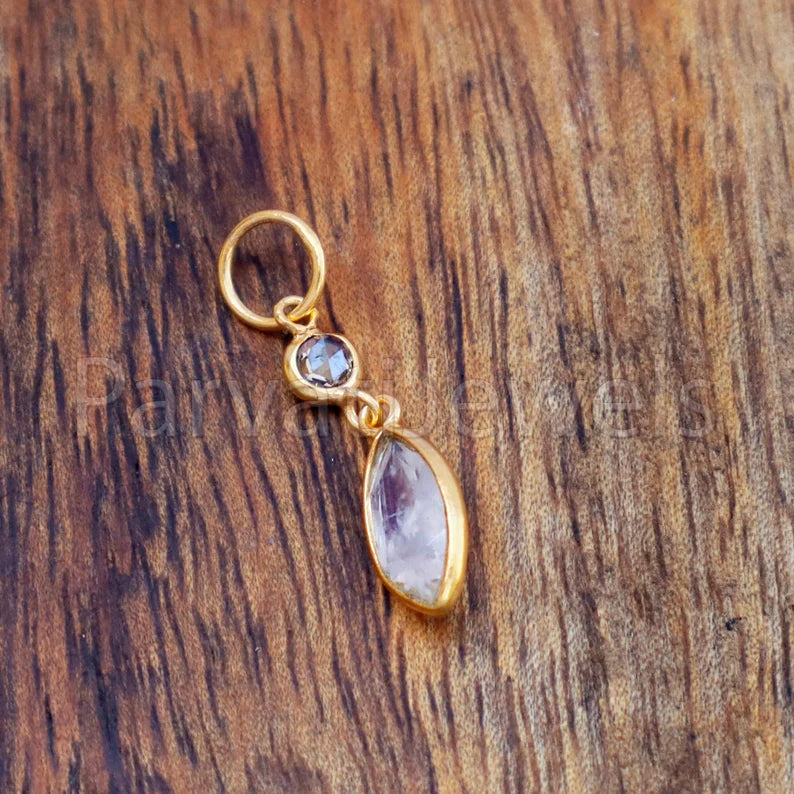 Rainbow Moonstone & Rose Cut Diamond Charm, 18k Solid Gold Charm, Moonstone Charm, Gold Charm, Charm Pendant, Charm Necklace, Handmade Charm