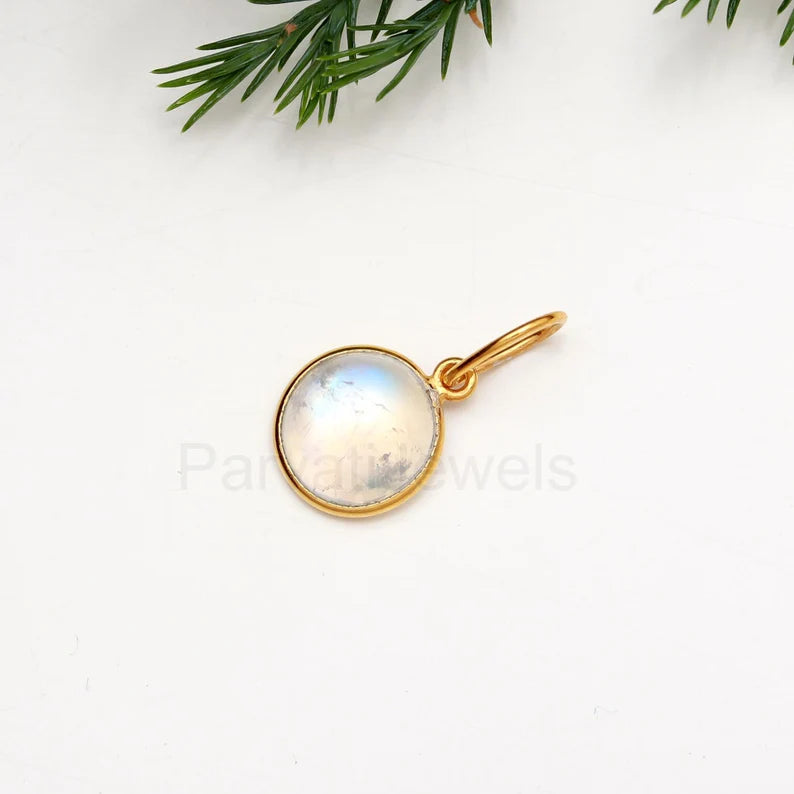 Natural Blue Fire Moonstone Charm, 18K Solid Gold Charm, Handmade Gold Charm, Gold Charm Necklace, June Birthstone Charm, Gold Charm Pendant