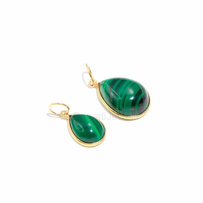 Natural Green Malachite Charm, 18k Solid Gold Charm, Malachite Charm, Gold Charm Pendant, Handmade Charm, 6x9 & 10x14 Pear Charm Pendant