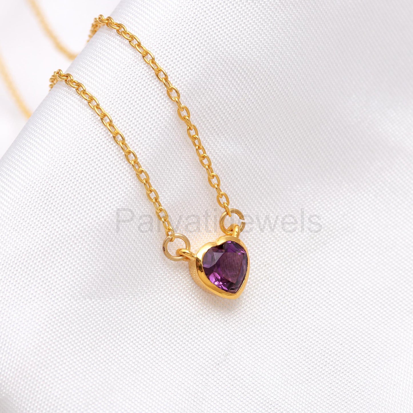 Natural Amethyst Necklace, 18k Solid Gold Necklace, Amethyst Heart Necklace, Handmade Necklace, February Birthstone Necklace, Gold Necklace