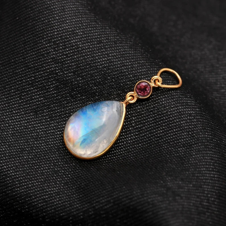 Natural Rainbow Moonstone With Tourmaline Charm, 18k Solid Gold Charm, Moonstone Charm, Gold Charm, Charm Pendant, Handmade Charm Necklace