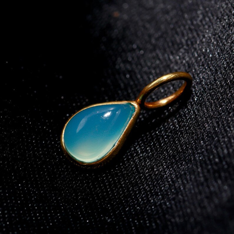 Natural Blue Chalcedony Charm, Solid 18K Gold Charm, Blue Chalcedony Gold Charm, March Birthstone Charm, Handmade Gold Charm, Gift For Mom