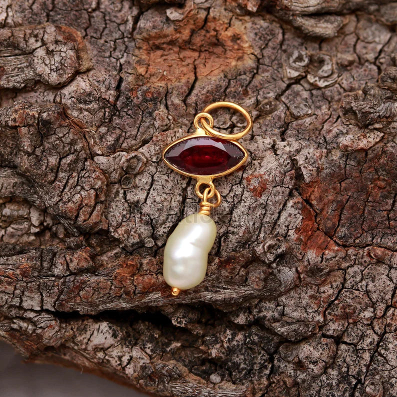 Natural Garnet Pearl Charm, Solid 18k Gold Charm, Pearl Charm Pendant, Garnet Birthstone Charm Necklace, Handmade Gold Charm, Gift For Her