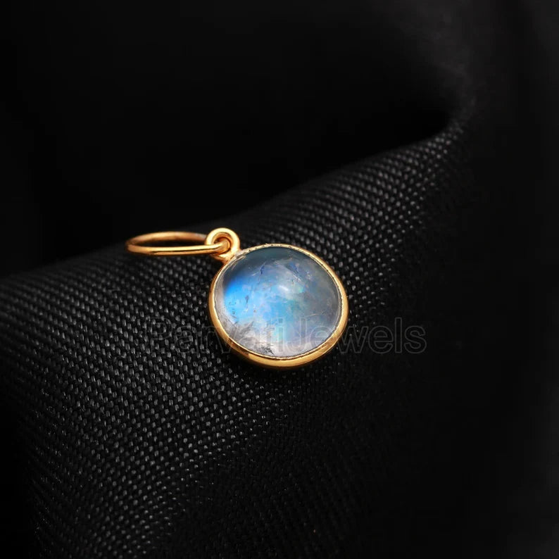 Natural Blue Fire Moonstone Charm, 18K Solid Gold Charm, Handmade Gold Charm, Gold Charm Necklace, June Birthstone Charm, Gold Charm Pendant