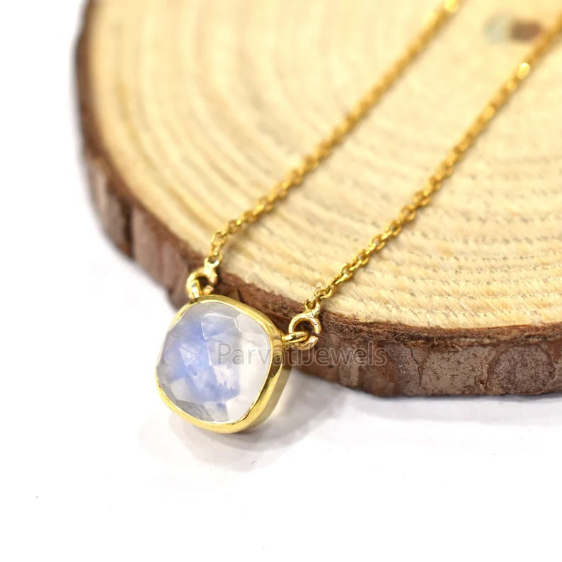 18" Inch Rainbow Moonstone With 18k Solid Gold Pendant Necklace, Natural Moonstone Gold Necklace, Gold Charm Necklace, Moonstone Gold Necklace, Handmade Gold Charm