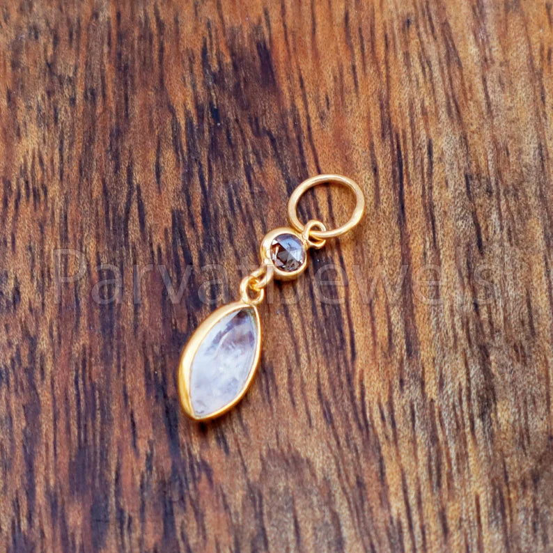 Rainbow Moonstone & Rose Cut Diamond Charm, 18k Solid Gold Charm, Moonstone Charm, Gold Charm, Charm Pendant, Charm Necklace, Handmade Charm