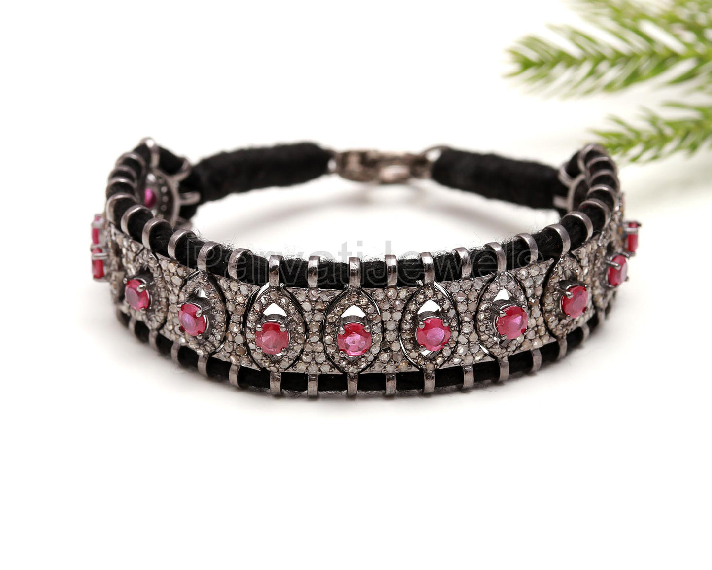 AA Natural Ruby Thread Bracelet, Pave Diamond Bracelet, July Birthstone Bracelet, Pave Diamond 925 Silver Bracelet, Gift for her